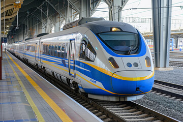 Fototapeta premium Modern high-speed train in fast motion passes through railway stations