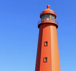 Orange lighthouse in minimalist style against bright blue sky.