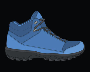 Hiking boots illustration. Illustration vector boots. Side view hiking boots isolated with black background.
