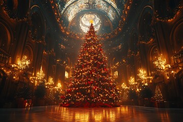 Obraz premium Christmas Tree in a Decorated Building for the Holiday Season 