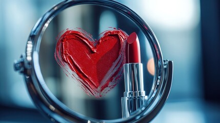 A heart symbol drawn with lipstick on a mirror conveys a bright and romantic love.
