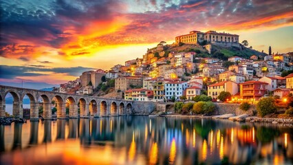 Fototapeta premium Double Exposure of Old Town, Castle, and Aqueduct in Kavala, Greece - Summer Charm, Historic Architecture, Mediterranean Landscape, Travel Destination, European Heritage