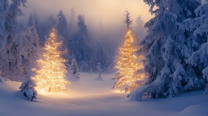 Elegant holiday greeting card featuring a winter landscape with snow-covered trees and a glowing Happy Holidays message in cursive font