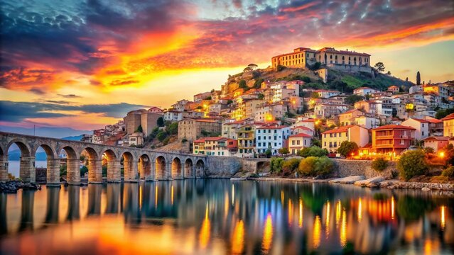 Double Exposure of Old Town, Castle, and Aqueduct in Kavala, Greece - Summer Charm, Historic Architecture, Mediterranean Landscape, Travel Destination, European Heritage