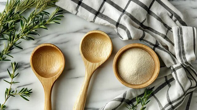 Three wooden spoons and a bowl of tapioca starch on a marble countertop with rosemary sprigs