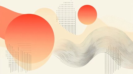 Abstract background with beige and red circles, curved lines and geometric shapes on a white background.