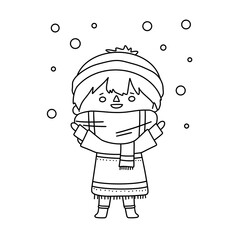 A young boy is wearing a scarf and hat, and is holding a scarf in his hands