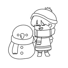 A child is holding a snowman and wearing a scarf