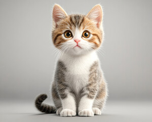 Fototapeta premium A cute kitten with a pink nose and white fur is sitting on a grey surface