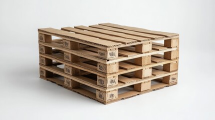 A cardboard pallet, a reusable and recyclable alternative to traditional wood pallets, isolated on a white background.