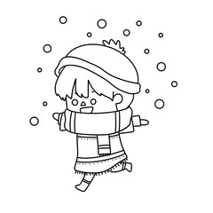 A cartoon character is wearing a scarf and hat and is running in the snow