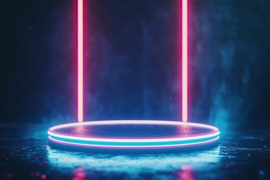 Illuminated podium with bokeh background. Technology and cyber sale concept. Product display for banner, poster and background with copy space.