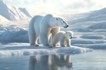 Joyful polar bear and its cub on a pristine ice floe.