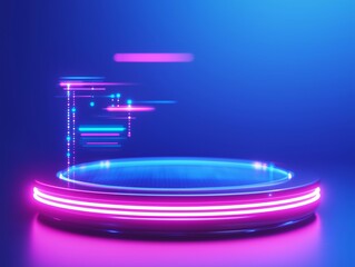 Illuminated podium with bokeh background. Technology and cyber sale concept. Product display for banner, poster and background with copy space.