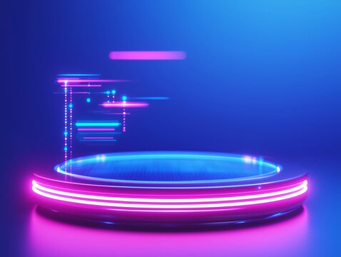 Illuminated podium with bokeh background. Technology and cyber sale concept. Product display for banner, poster and background with copy space.