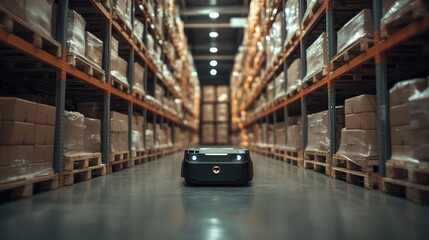 Fototapeta premium A robot transporting goods in a warehouse that moves autonomously to arrange goods in an orderly manner