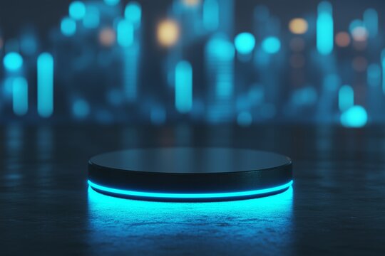 Illuminated podium with bokeh background. Technology and cyber sale concept. Product display for banner, poster and background with copy space.
