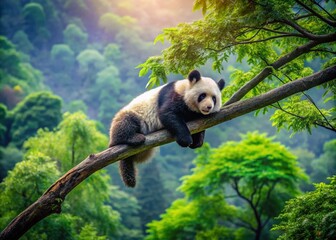 Obraz premium Dreamy Panda Bear Sleeping on Tree Branch in Chinese Nature Reserve - Aerial Drone Photography of Wildlife in Natural Habitat, Capturing Serenity and Beauty of Endangered Species