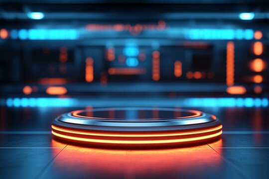 Illuminated podium with bokeh background. Technology and cyber sale concept. Product display for banner, poster and background with copy space.