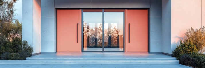 Salmon double doors with glass for modern home entry.