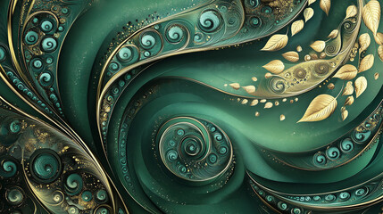Intricate abstract background combining spiral motifs, stylized leaves, and wave elements; dynamic composition in rich emerald green and gold accents for an elegant, organic feel.
