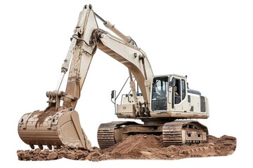 A large excavator sits atop a pile of dirt, ready for work