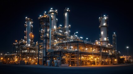 A large power plant at night with white lights from the control tower and large steel structures