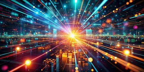 Fototapeta premium Dynamic Particle Abstract Background with Glowing Technology Elements for Futuristic Digital Design, Aerial Photography, Vivid Colors, High-Tech Visuals, and Innovation Concepts