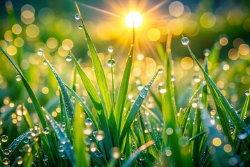 Fototapeta premium Early Morning Water Droplets on Grass - Nature Photography, Dew, Freshness, Macro Shot, Morning Light, Tranquility, Serenity, Greenery, Natural Beauty, Landscape, Outdoor, Close-up, 
