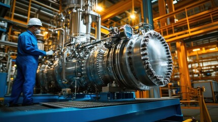 Engineers control large machinery in industrial plant for precision production