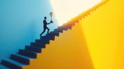 Paper figure walking up stairs toward a trophy at the top, a metaphor for business ambition and achievement