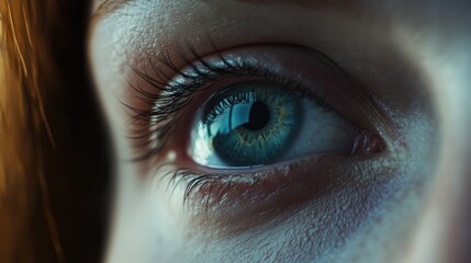 A close-up view of a person's blue eye with detailed features
