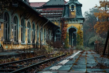 Obraz premium A train station with a train on the tracks, great for travel or transportation themed concepts