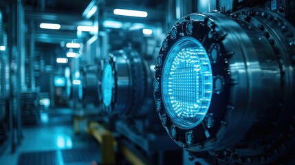 Fototapeta premium A close-up of advanced machinery at the Nichiton Era factory shows clean energy systems operating at night