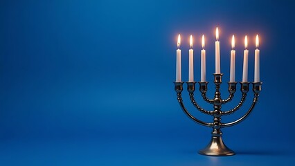Fototapeta premium Blue candlestick with candles, blue background, Hanukkah 
