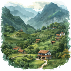 Obraz premium Rice terraces in the mountains. Vintage painting, vector illustration.