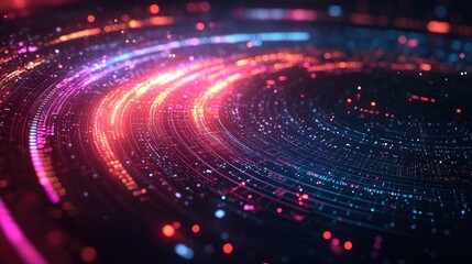 Obraz premium Abstract digital technology background with glowing circles and light trails in red, pink, and blue.