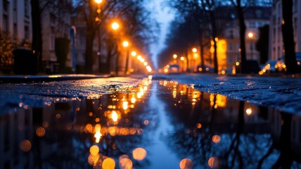 Naklejka premium Street lights shimmering in vibrant reflections on glistening rain-soaked pavement at night.
