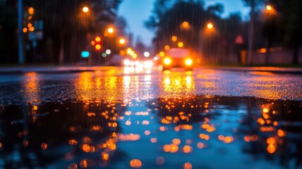 Street lights shimmering in vibrant reflections on glistening rain-soaked pavement at night.