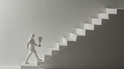 Paper human figure walking up stairs to reach a trophy, representing ambition, effort, and professional accomplishment