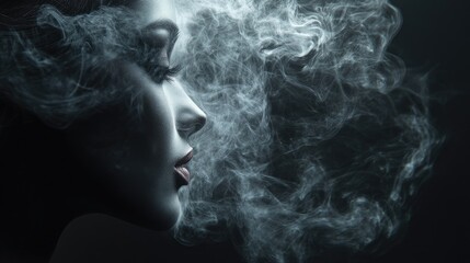 A woman's face is partially obscured by a cloud of smoke.