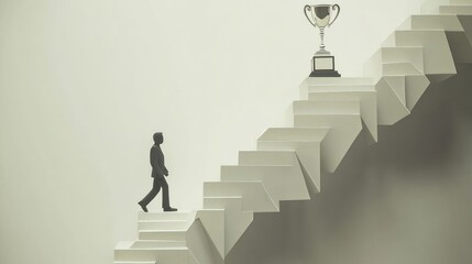 Paper human walking up steps with a trophy at the top, illustrating the pursuit of success and personal progress
