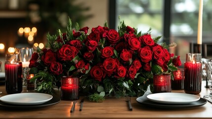 The dining table is decorated with a large bouquet of red roses and scented candles in clear glasses with a clean white plate for Valentine's Day.