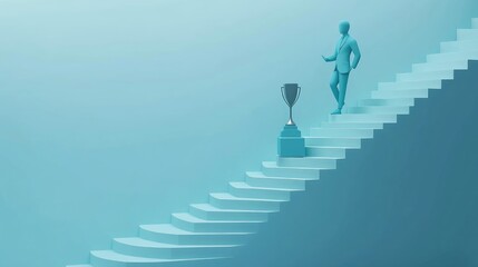 Paper man ascending a staircase with a trophy at the top, symbolizing business success and the reward of hard work