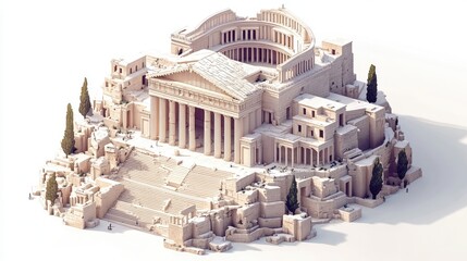 A detailed isometric illustration of a grand, ancient Greek temple with columns, steps, and surrounding buildings on a white background.