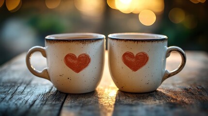 Fototapeta premium A pair of white coffee cups with a heart symbol in the center on a wooden table in a cozy morning atmosphere.