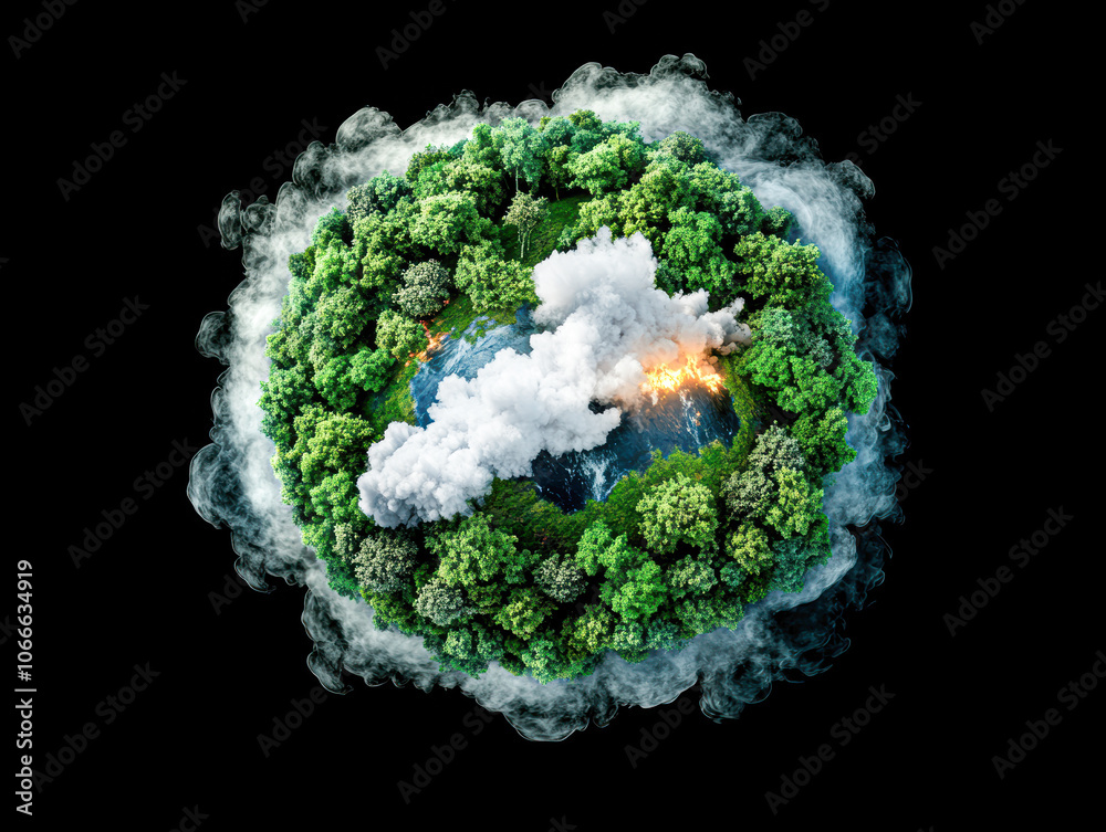 Wall mural a planet with a forest on it and a fire in the background