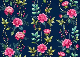 Elegant Garlands of Pink Flowers on Dark Purple Background Seamless Pattern for Decorative Cover Designs