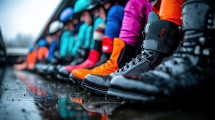 Obraz premium A close-up of various vibrant racing boots reveals their unique styles as they cross a glistening wet surface, reflecting diversity, energy, and anticipation in sport.