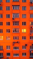 Fototapeta premium A striking orange apartment building facade with several windows illuminated from the inside, creating a contrasting visual effect.
